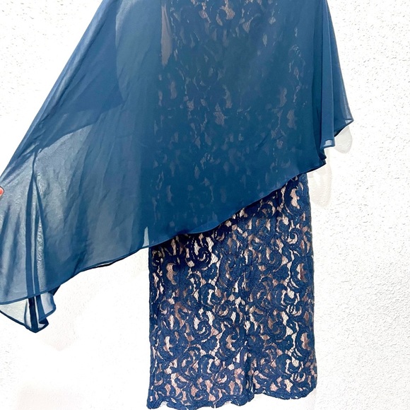 Adrianna Papell navy blue asymetrical overlay draped Dress 12 - Picture 9 of 12